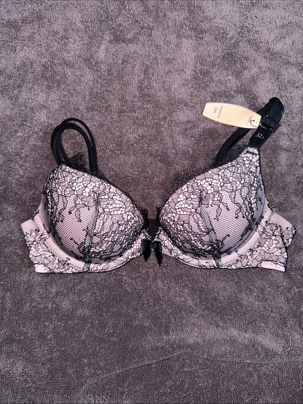 Victoria's Secret Black Lace Overlay on Light Pink Push-Up Bra